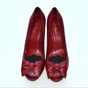 Cole Haan dark red peep toe pumps with bow